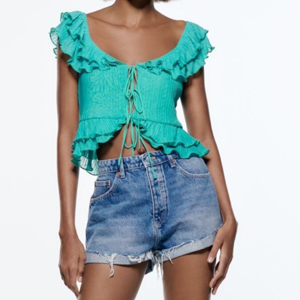 Zara Ruffle Turquoise Tie Top